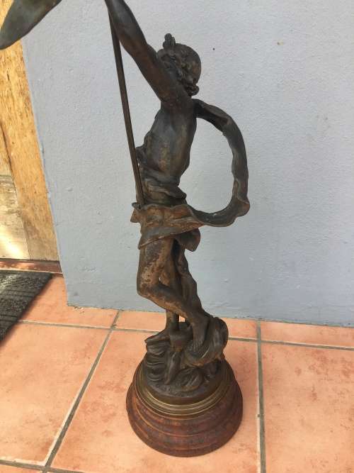 LARGE ANTIQUE BRONZED SPELTER STATUE "Porte Drapeau" BY FRENCH ARTIST AUG MOREAU c 1834-1917 signed