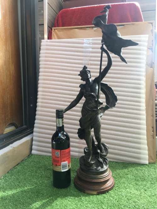 LARGE ANTIQUE BRONZED SPELTER STATUE "Porte Drapeau" BY FRENCH ARTIST AUG MOREAU c 1834-1917 signed