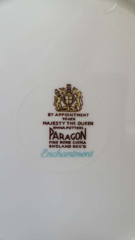 Beautiful Vintage Paragon "ENCHANTMENT" Trio with gold trim and Pastel floral design. c1957