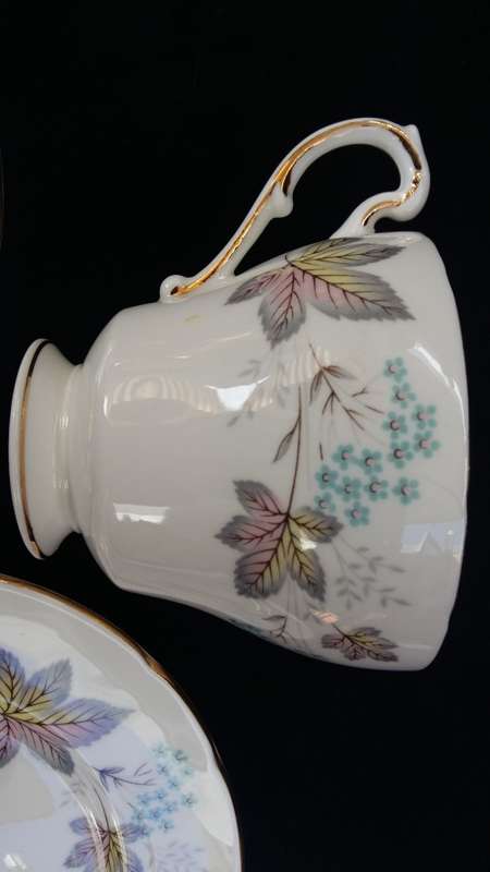 Beautiful Vintage Paragon "ENCHANTMENT" Trio with gold trim and Pastel floral design. c1957