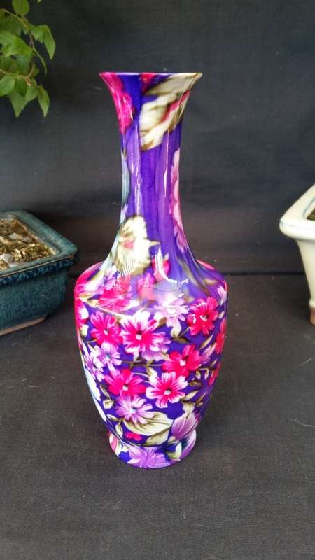 Stunning Signed  Japanese fine Porcelain Cloisonne Eggshell Vase Hand Painted Purple with Pink flowe