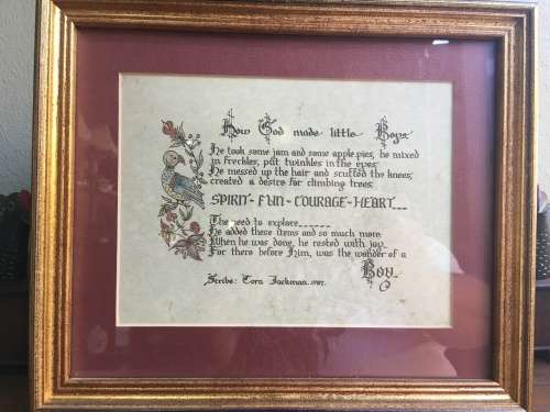 WOW !!!! FANTASTIC FRAMED SCRIBE BY TOM JACKMAN 1987 " HOW GOD MADE LITTLE BOYS"