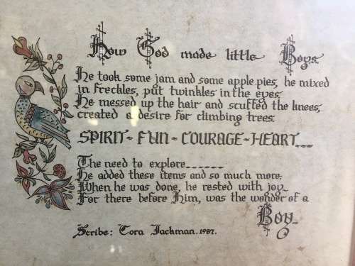 WOW !!!! FANTASTIC FRAMED SCRIBE BY TOM JACKMAN 1987 " HOW GOD MADE LITTLE BOYS"