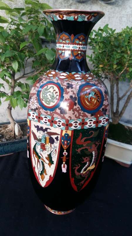 Stunning Large Antique 1920s Japanese Black Enamel  Hexagonal Dragon Cloisonne Vase.