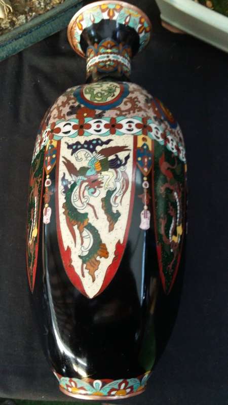 Stunning Large Antique 1920s Japanese Black Enamel  Hexagonal Dragon Cloisonne Vase.