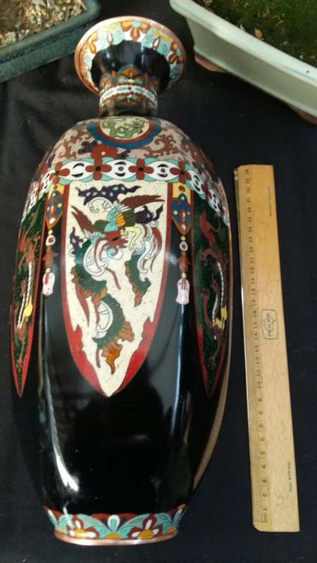 Stunning Large Antique 1920s Japanese Black Enamel  Hexagonal Dragon Cloisonne Vase.