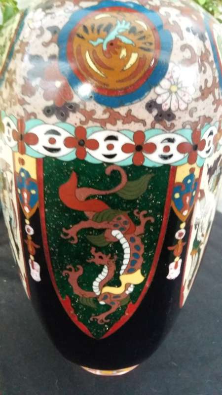 Stunning Large Antique 1920s Japanese Black Enamel  Hexagonal Dragon Cloisonne Vase.