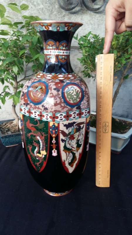 Stunning Large Antique 1920s Japanese Black Enamel  Hexagonal Dragon Cloisonne Vase.