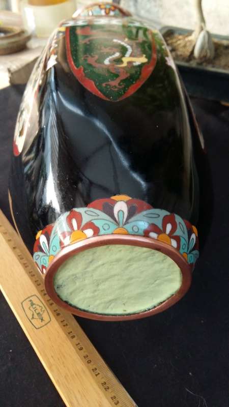 Stunning Large Antique 1920s Japanese Black Enamel  Hexagonal Dragon Cloisonne Vase.
