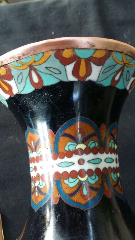 Stunning Large Antique 1920s Japanese Black Enamel  Hexagonal Dragon Cloisonne Vase.
