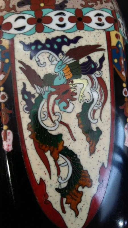 Stunning Large Antique 1920s Japanese Black Enamel  Hexagonal Dragon Cloisonne Vase.