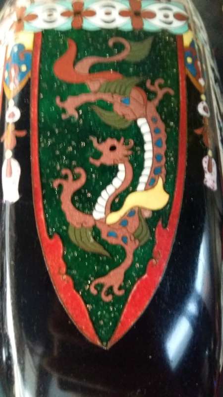 Stunning Large Antique 1920s Japanese Black Enamel  Hexagonal Dragon Cloisonne Vase.