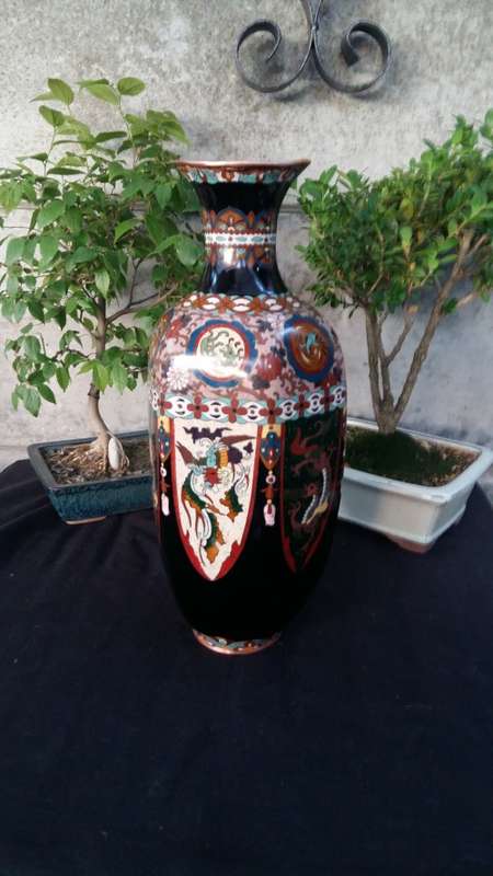 Stunning Large Antique 1920s Japanese Black Enamel  Hexagonal Dragon Cloisonne Vase.