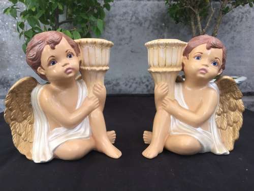 WOW !!! STUNNING PAIR OF HAND PAINTED CERAMIC ANGEL CANDLESTICK HOLDER OR BUD VASE ~ TOO CUTE