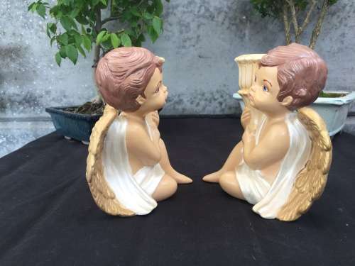 WOW !!! STUNNING PAIR OF HAND PAINTED CERAMIC ANGEL CANDLESTICK HOLDER OR BUD VASE ~ TOO CUTE
