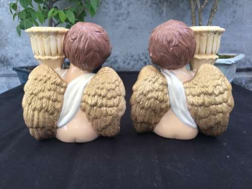 WOW !!! STUNNING PAIR OF HAND PAINTED CERAMIC ANGEL CANDLESTICK HOLDER OR BUD VASE ~ TOO CUTE