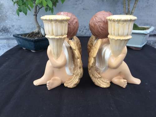 WOW !!! STUNNING PAIR OF HAND PAINTED CERAMIC ANGEL CANDLESTICK HOLDER OR BUD VASE ~ TOO CUTE