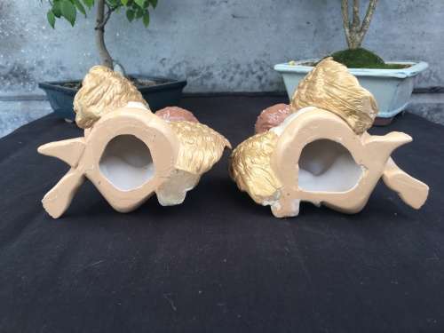 WOW !!! STUNNING PAIR OF HAND PAINTED CERAMIC ANGEL CANDLESTICK HOLDER OR BUD VASE ~ TOO CUTE