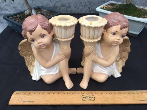 WOW !!! STUNNING PAIR OF HAND PAINTED CERAMIC ANGEL CANDLESTICK HOLDER OR BUD VASE ~ TOO CUTE