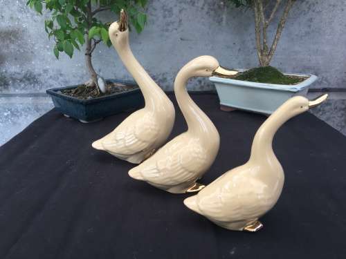 WOW !!! STUNNING TRIO OF TAN AND GOLD CERAMIC GEESE ORNAMENTS ~ ABSOLUTELY BEAUTIFUL