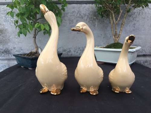 WOW !!! STUNNING TRIO OF TAN AND GOLD CERAMIC GEESE ORNAMENTS ~ ABSOLUTELY BEAUTIFUL