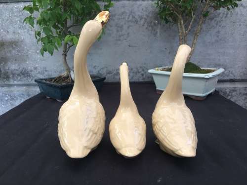 WOW !!! STUNNING TRIO OF TAN AND GOLD CERAMIC GEESE ORNAMENTS ~ ABSOLUTELY BEAUTIFUL