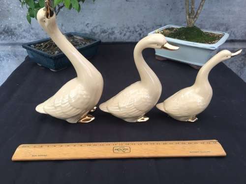 WOW !!! STUNNING TRIO OF TAN AND GOLD CERAMIC GEESE ORNAMENTS ~ ABSOLUTELY BEAUTIFUL