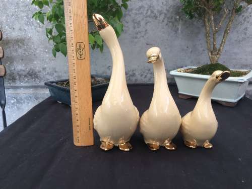 WOW !!! STUNNING TRIO OF TAN AND GOLD CERAMIC GEESE ORNAMENTS ~ ABSOLUTELY BEAUTIFUL