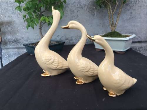 WOW !!! STUNNING TRIO OF TAN AND GOLD CERAMIC GEESE ORNAMENTS ~ ABSOLUTELY BEAUTIFUL