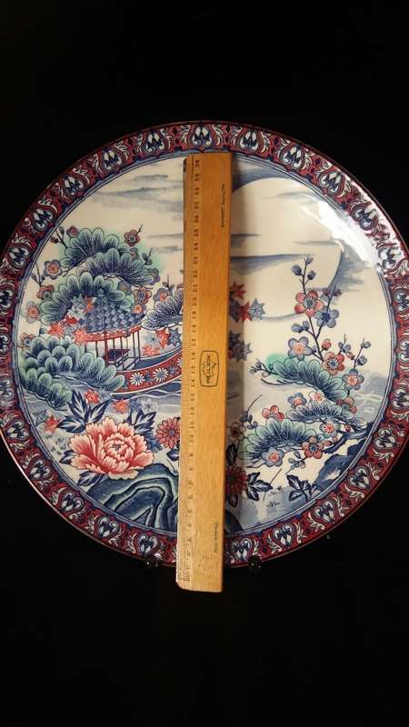 Vintage Japanese Imari Large Gilt Charger/Display Plate, Hand Painted Boat on River. Red & Blue