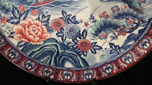 Vintage Japanese Imari Large Gilt Charger/Display Plate, Hand Painted Boat on River. Red & Blue