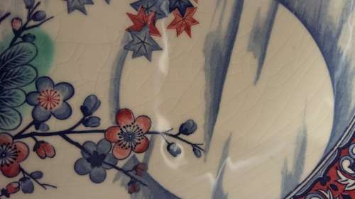 Vintage Japanese Imari Large Gilt Charger/Display Plate, Hand Painted Boat on River. Red & Blue
