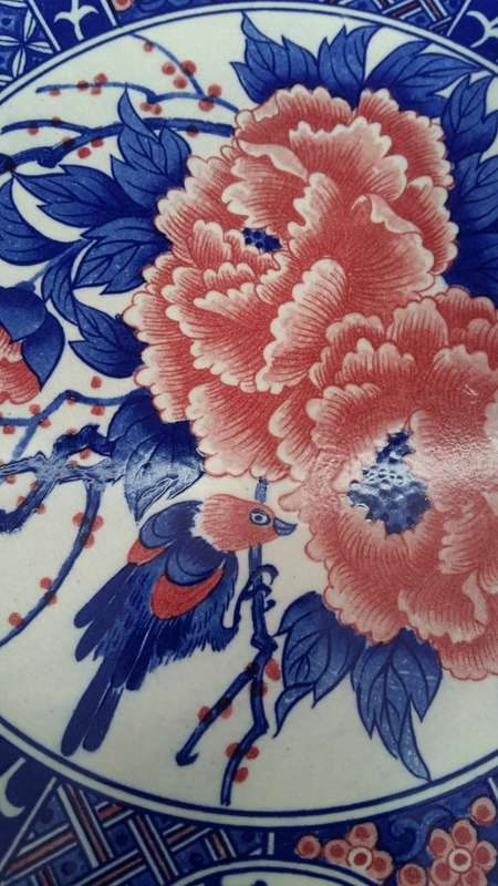 Vintage Japanese Imari Large Gilt Charger/Display Plate, Hand Painted Peony and Bird. Red & Blue