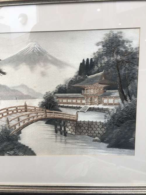 STUNNING FRAMED JAPANESE HISTORICAL SILK NEEDLEWORK LANDSCAPE OF MT FUJI AND TAISEKI~JI TEMPLE