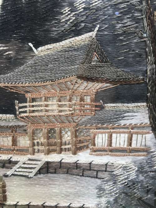 STUNNING FRAMED JAPANESE HISTORICAL SILK NEEDLEWORK LANDSCAPE OF MT FUJI AND TAISEKI~JI TEMPLE