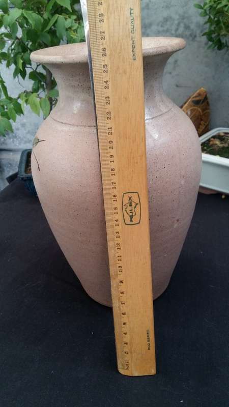 Beautiful Vintage Large Pottery Vase Hand painted White Daisies and green leaves on a tan finish.