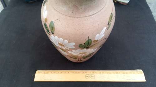 Beautiful Vintage Large Pottery Vase Hand painted White Daisies and green leaves on a tan finish.