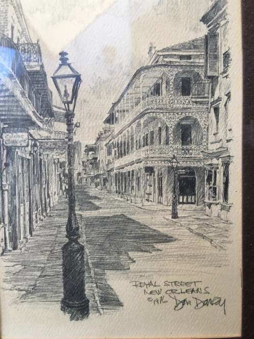 FANTASTIC ORIGINAL PENCIL SKETCH OF ROYAL STREET NEW ORLEANS BY FAMOUS USA ARTIST DON DAVEY c1976