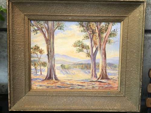WOW !!! AMAZING FRAMED ORIGINAL OIL ON BOARD OF BLUE GUM TREES BY W.BELL SIGNED IN AN ANTIQUE FRAME