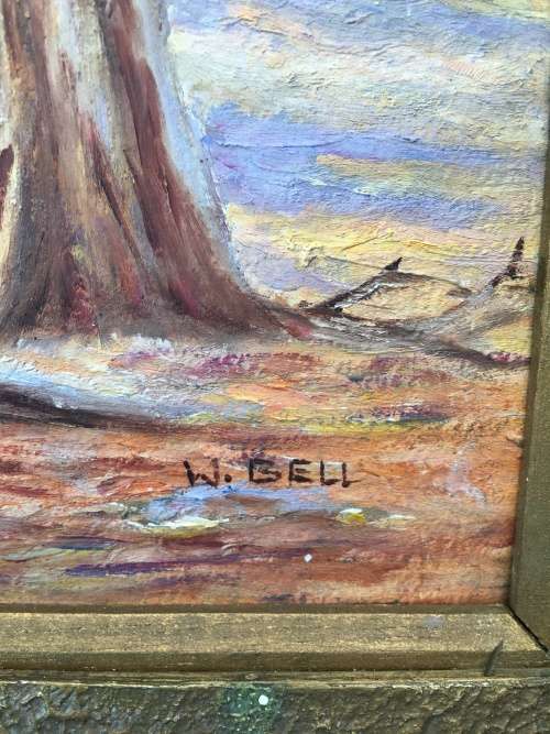 WOW !!! AMAZING FRAMED ORIGINAL OIL ON BOARD OF BLUE GUM TREES BY W.BELL SIGNED IN AN ANTIQUE FRAME