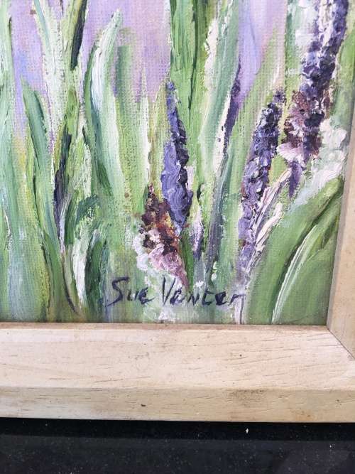 STUNNING FRAMED OIL ON BOARD LAVENDER FLOWERS BY SOUTH AFRICAN ARTIST SUE VENTER signed