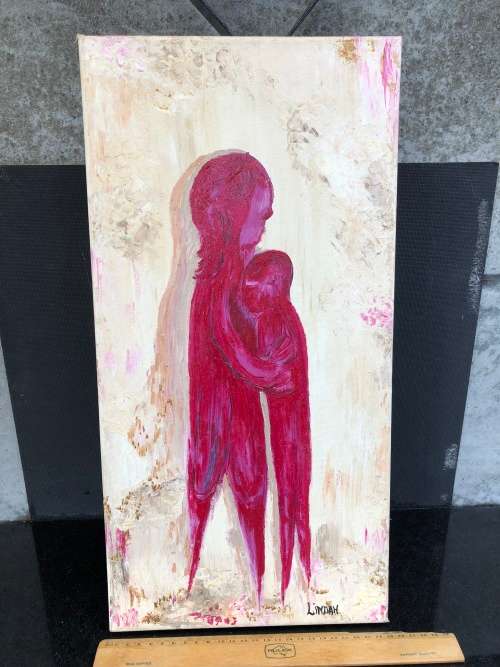 WOW !!!  STUNNING SIGNED OIL ON CANVAS ON A BLOCK MOUNT FRAME OF MOTHER AND CHILD BY LINDAH