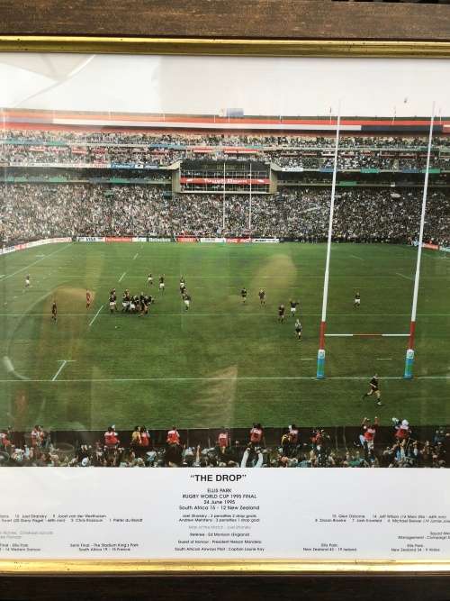 WOW !!! 1995 RUGBY WORLD CUP FINAL "THE DROP" FRAMED PHOTOGRAPH WITH THE ROAD TO THE FINAL HISTORY