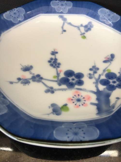 Beautiful Collectible Vintage Japanese porcelain Dish,Blue and White with pink and lime. signed