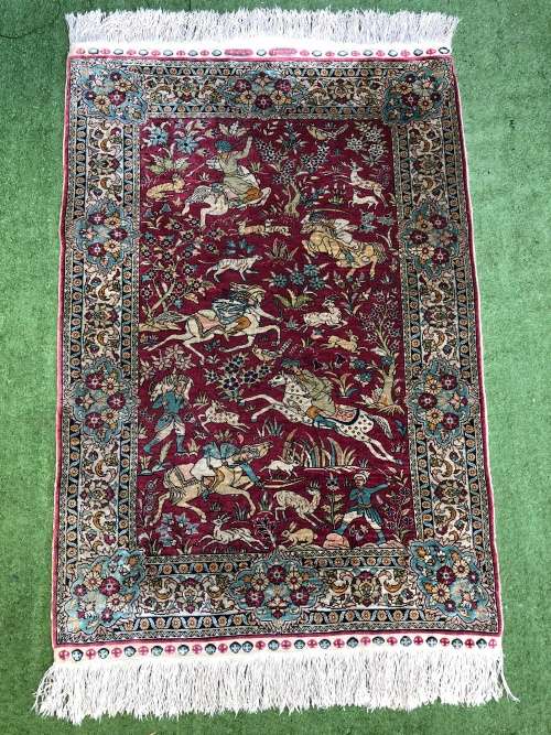 INVESTMENT OPPORTUNITY ~ A RARE AND VALUABLE EXQUISITE SIGNED QUM PURE SILK PERSIAN HUNTING CARPET