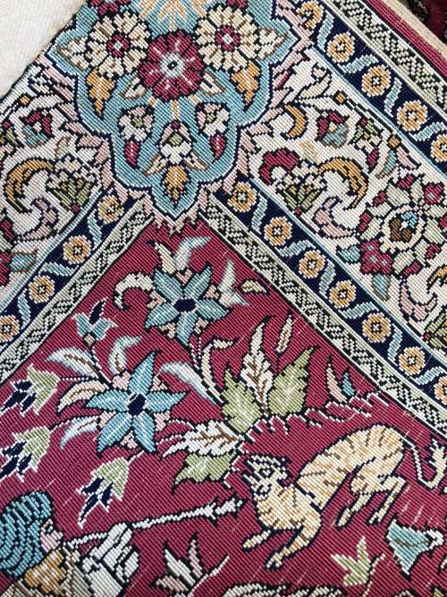 INVESTMENT OPPORTUNITY ~ A RARE AND VALUABLE EXQUISITE SIGNED QUM PURE SILK PERSIAN HUNTING CARPET