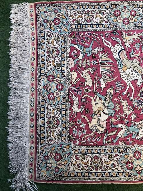 INVESTMENT OPPORTUNITY ~ A RARE AND VALUABLE EXQUISITE SIGNED QUM PURE SILK PERSIAN HUNTING CARPET