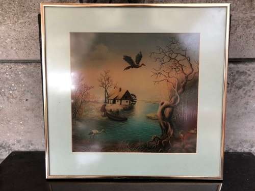 WOW !!!  STUNNING FRAMED COLORFUL PRINT FRAMED BEHIND GLASS ~ UNKNOWN ARTIST