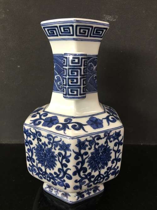 Qing Dynasty 1644-1912 Yongzheng Blue and White Longevity Hexagon Porcelain Vase with double tube