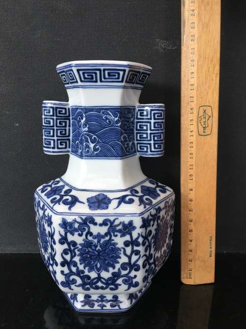 Qing Dynasty 1644-1912 Yongzheng Blue and White Longevity Hexagon Porcelain Vase with double tube